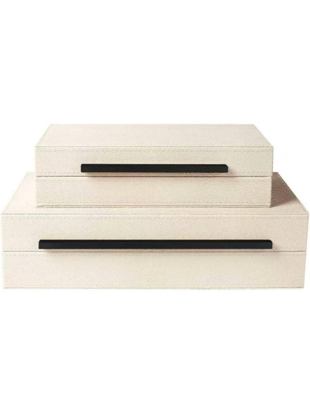 Beige Shagreen Decorative Storage Boxes Set of 2 with Black Metal Handles